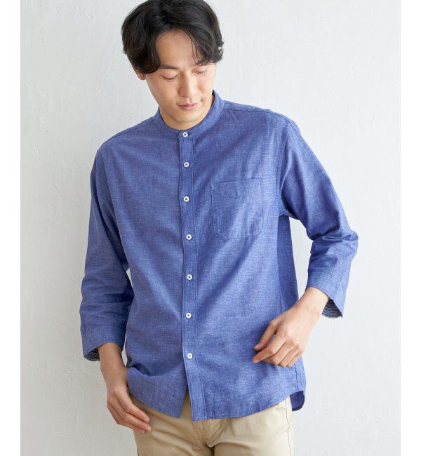 ikka「【速乾】7分袖イージーケアリネンバンドカラーシャツ」|シャツ・ブラウス|ブルー