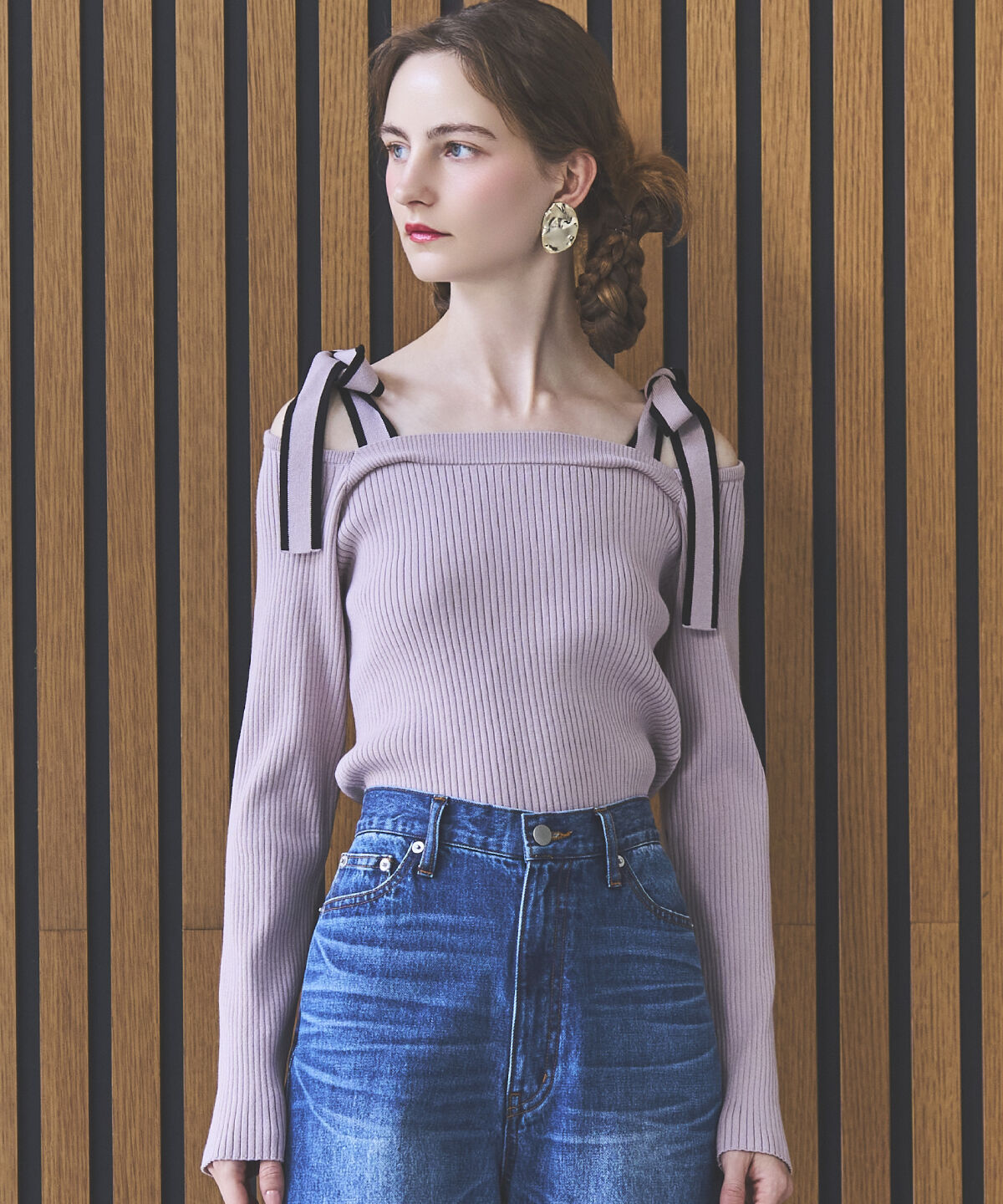 アンドクチュール「配色ショルダーリボンニットプルオーバー」|ニット・セーター|ラベンダー