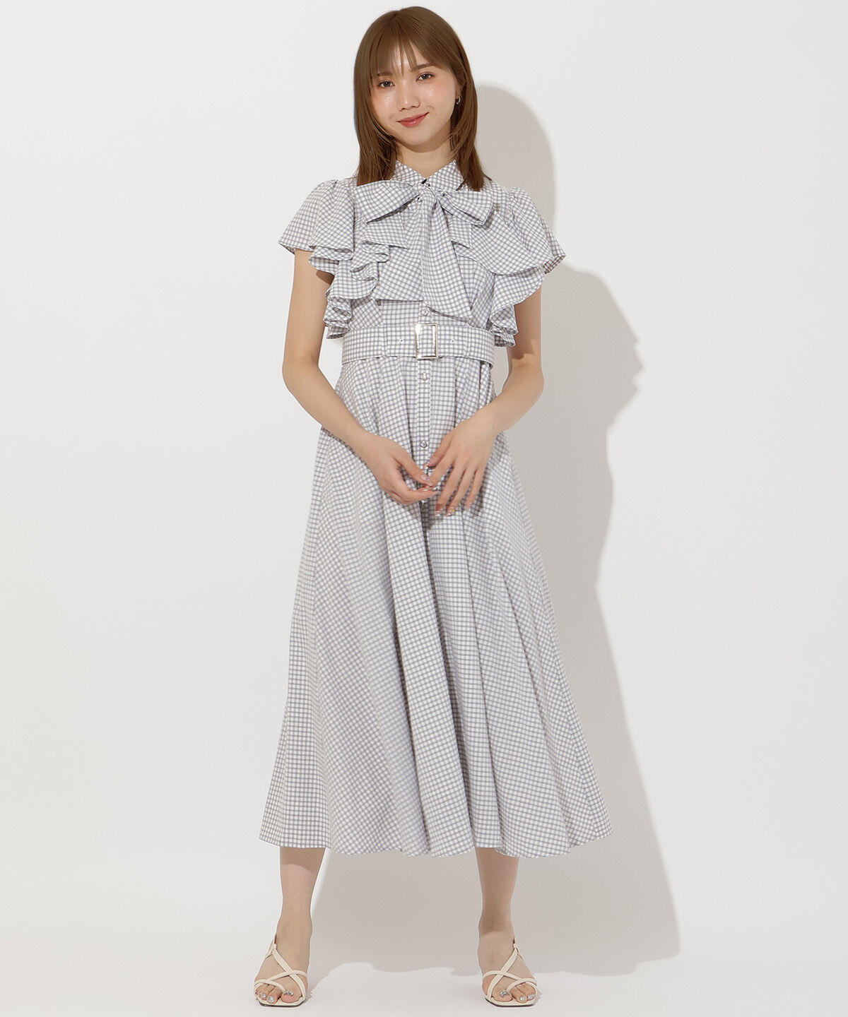 アンドクチュール「袖フリルチェックシャツワンピース」|ワンピース|ｸﾞﾚｰ系ﾁｪｯｸ