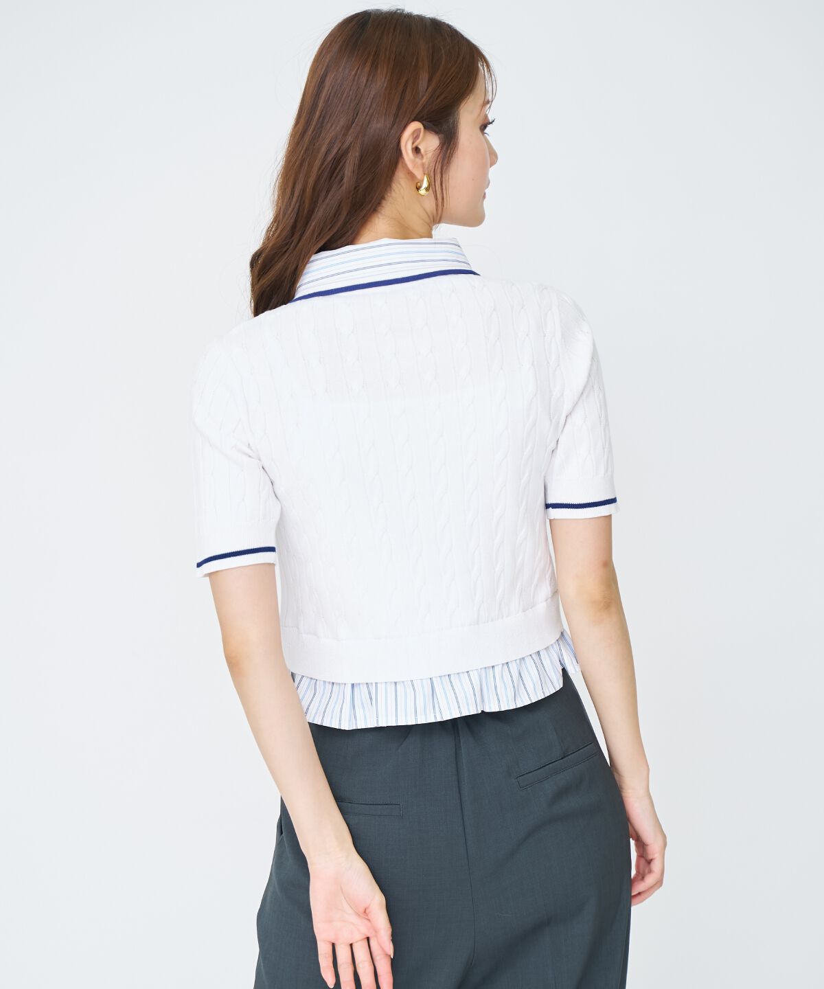 アンドクチュール「配色シャツ襟ペプラムニットプルオーバー」|ニット・セーター|