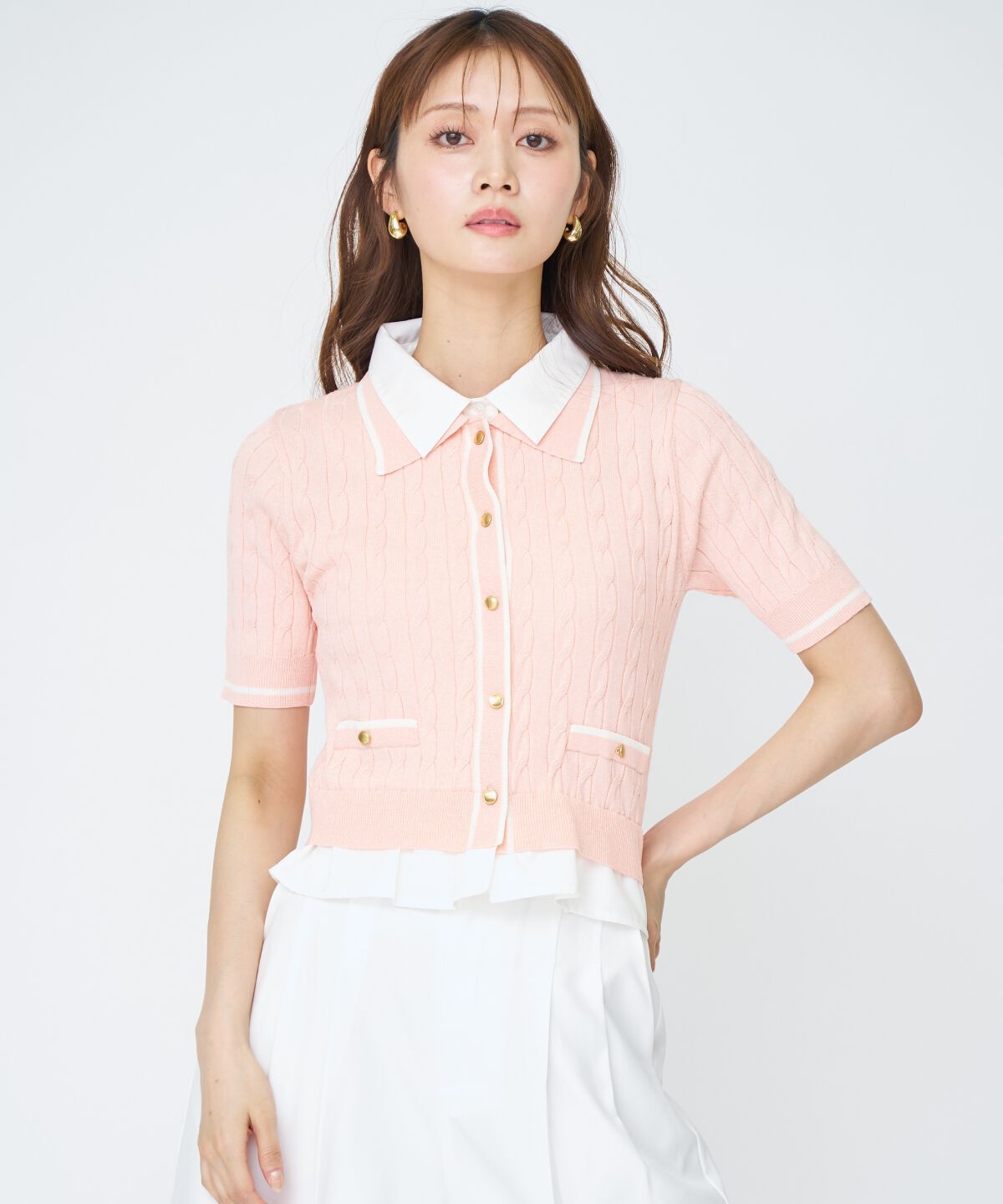 アンドクチュール「配色シャツ襟ペプラムニットプルオーバー」|ニット・セーター|ピンク