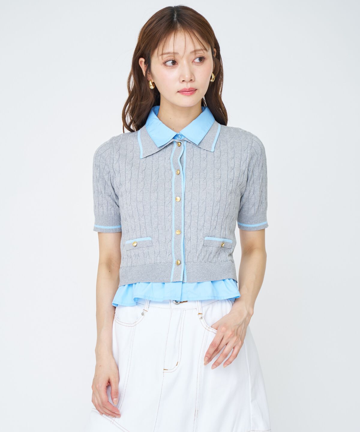 アンドクチュール「配色シャツ襟ペプラムニットプルオーバー」|ニット・セーター|