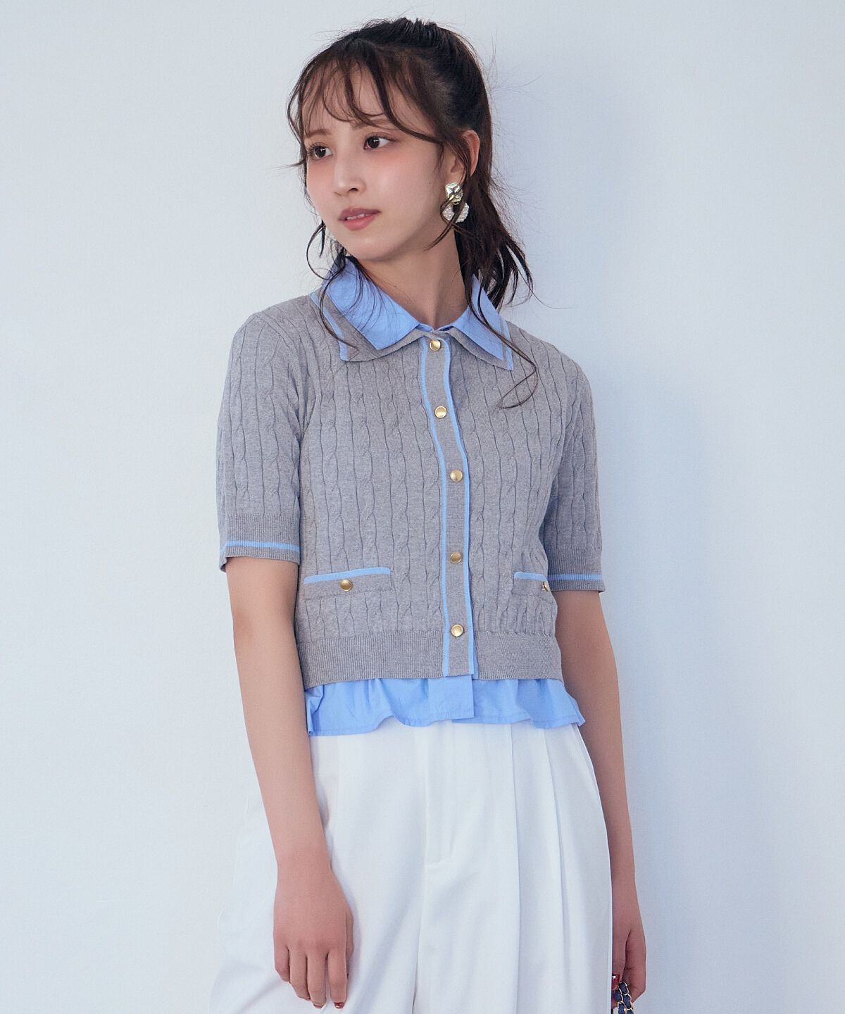 アンドクチュール「配色シャツ襟ペプラムニットプルオーバー」|ニット・セーター|