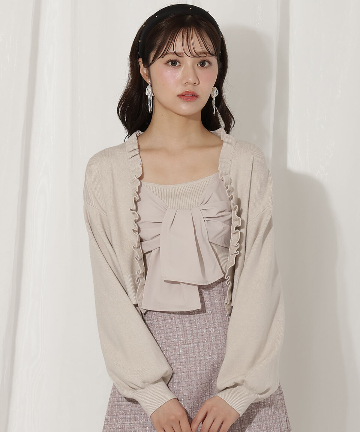 WILLSELECTION「フリルカーディガン&times;リボンキャミセット」|カーディガン|ベージュ