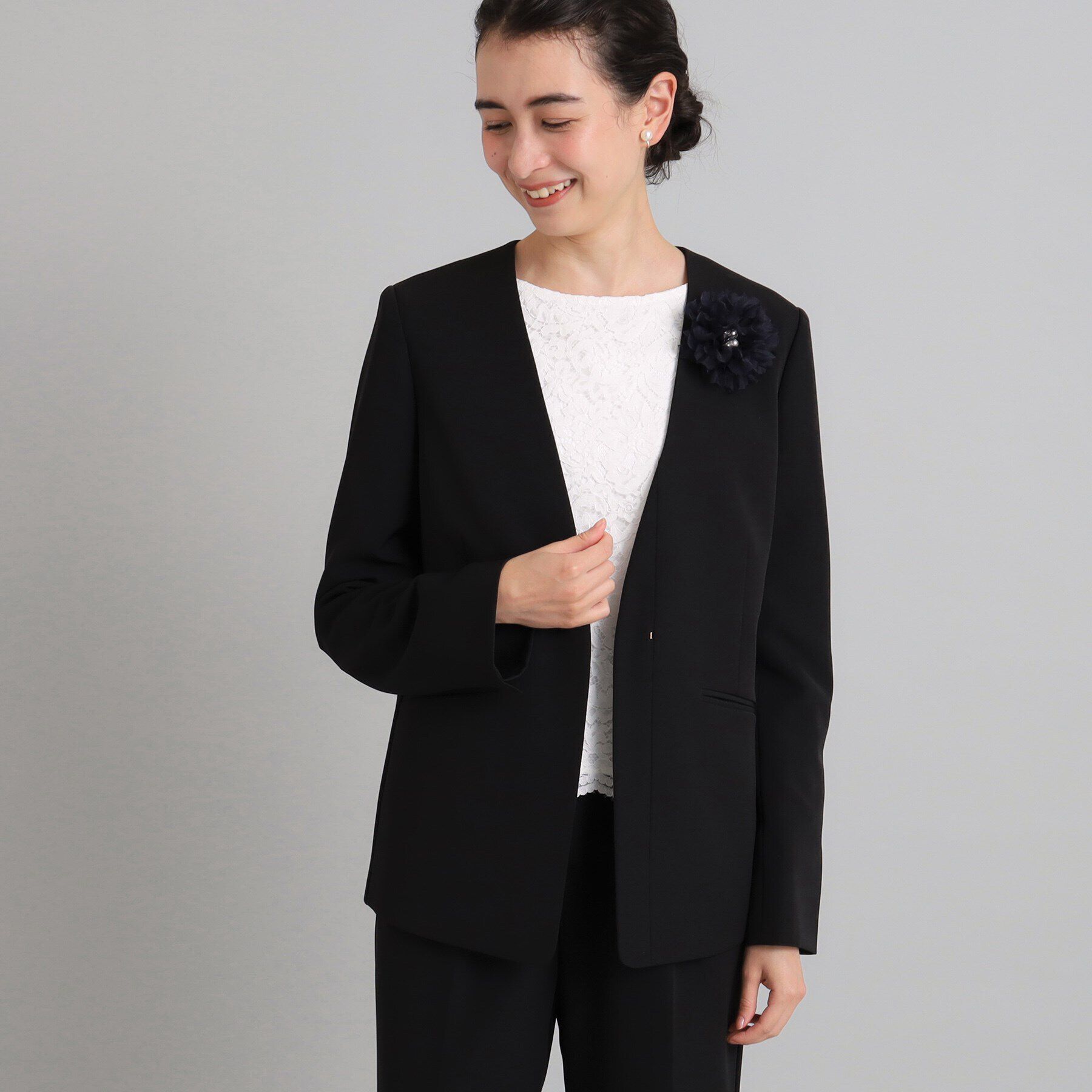 OPAQUE.CLIP「≪通勤・セレモニー/セットアップ対応≫ Vネックジャケット/ダブルクロス【洗濯機洗い可】」|ノーカラージャケット|