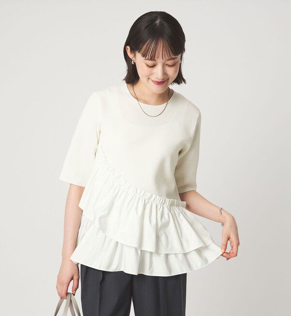 UNITED ARROWS green label relaxing「ドッキング ペプラム ショートスリーブ ニット プルオーバー ウォッシャブル」|ニット・セーター|WHITE