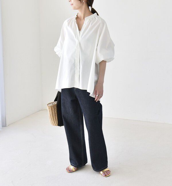 quaranciel「quaranciel:〈洗濯機可能〉REPREVE バンドカラー ギャザー パフ シャツ ブラウス」|シャツ・ブラウス|