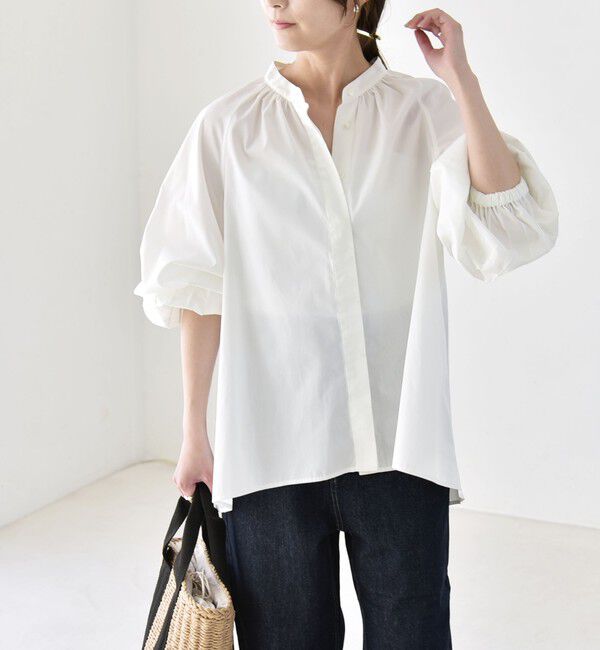 quaranciel「quaranciel:〈洗濯機可能〉REPREVE バンドカラー ギャザー パフ シャツ ブラウス」|シャツ・ブラウス|
