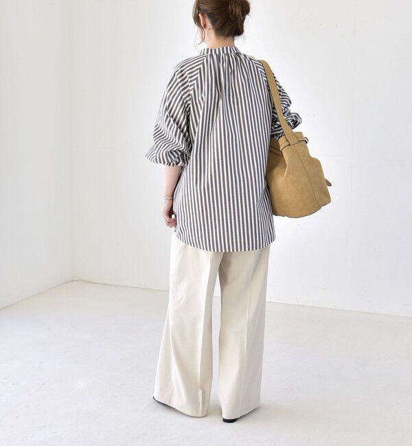 quaranciel「quaranciel:〈洗濯機可能〉REPREVE バンドカラー ギャザー パフ シャツ ブラウス」|シャツ・ブラウス|