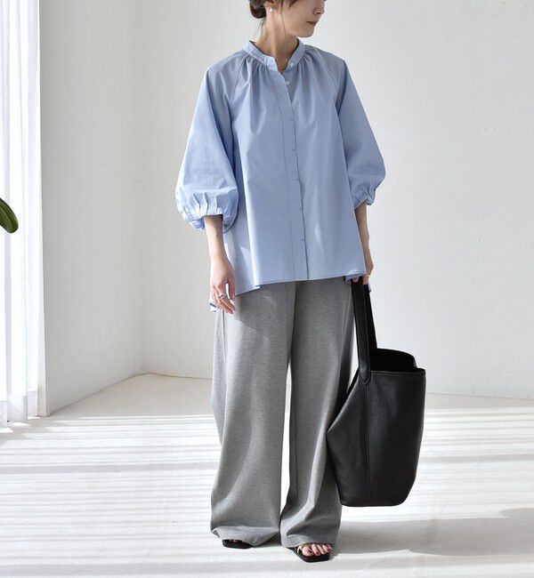 quaranciel「quaranciel:〈洗濯機可能〉REPREVE バンドカラー ギャザー パフ シャツ ブラウス」|シャツ・ブラウス|