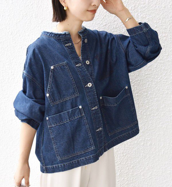 SHIPS for women「【WEB限定】〈洗濯機可能〉ノーカラー デニム カバー オール」|デニムジャケット|ネイビー