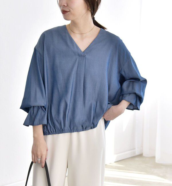 quaranciel「quaranciel:〈洗濯機可能〉Vネック ギャザーヘム ブラウス」|シャツ・ブラウス|