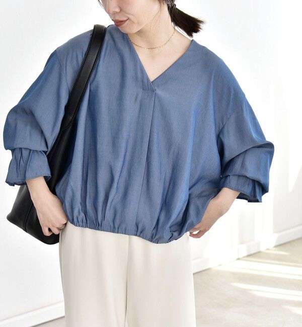quaranciel「quaranciel:〈洗濯機可能〉Vネック ギャザーヘム ブラウス」|シャツ・ブラウス|