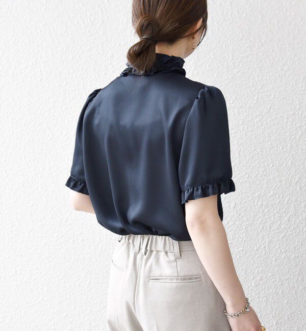 SHIPS any「《予約》SHIPS any:〈洗濯機可能〉サテン フリル カラー リボン ショートスリーブ シャツ ブラウス」|シャツ・ブラウス|