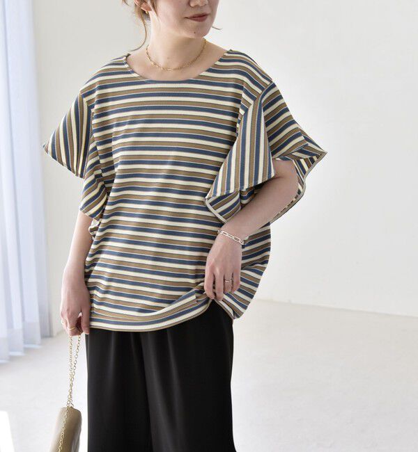 quaranciel「《予約》quaranciel:〈洗濯機可能〉マルチボーダー ラッフル コクーン プルオーバー」|Tシャツ・カットソー|