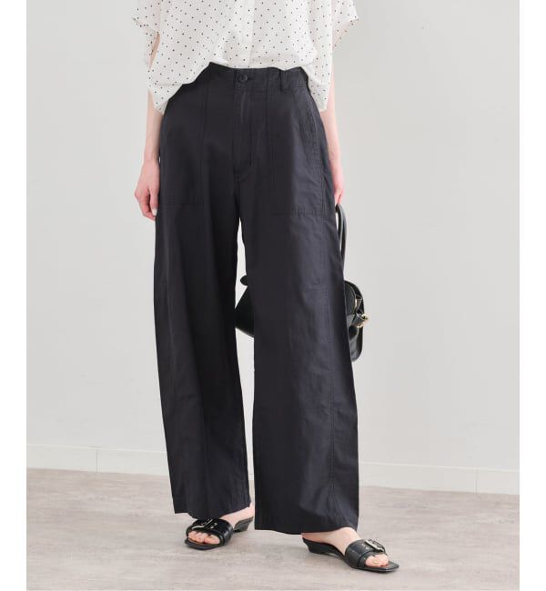 U by SPICK&SPAN「《予約》コットンリネンバレルレッグルーズベイカーパンツ」|カーゴ|ネイビー