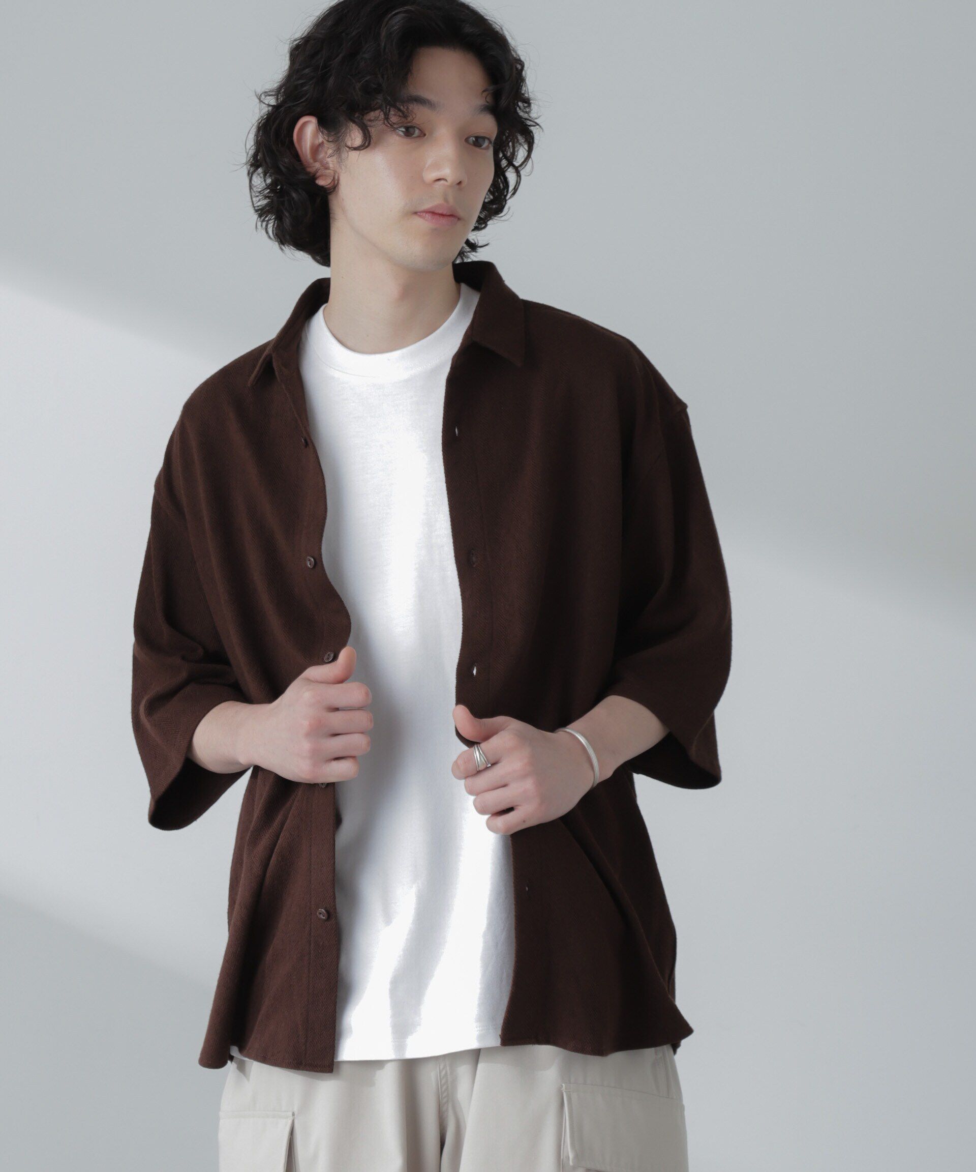 nano･universe「ヘリンボーン起毛シャツ 半袖(セットアップ可)」|シャツ・ブラウス|