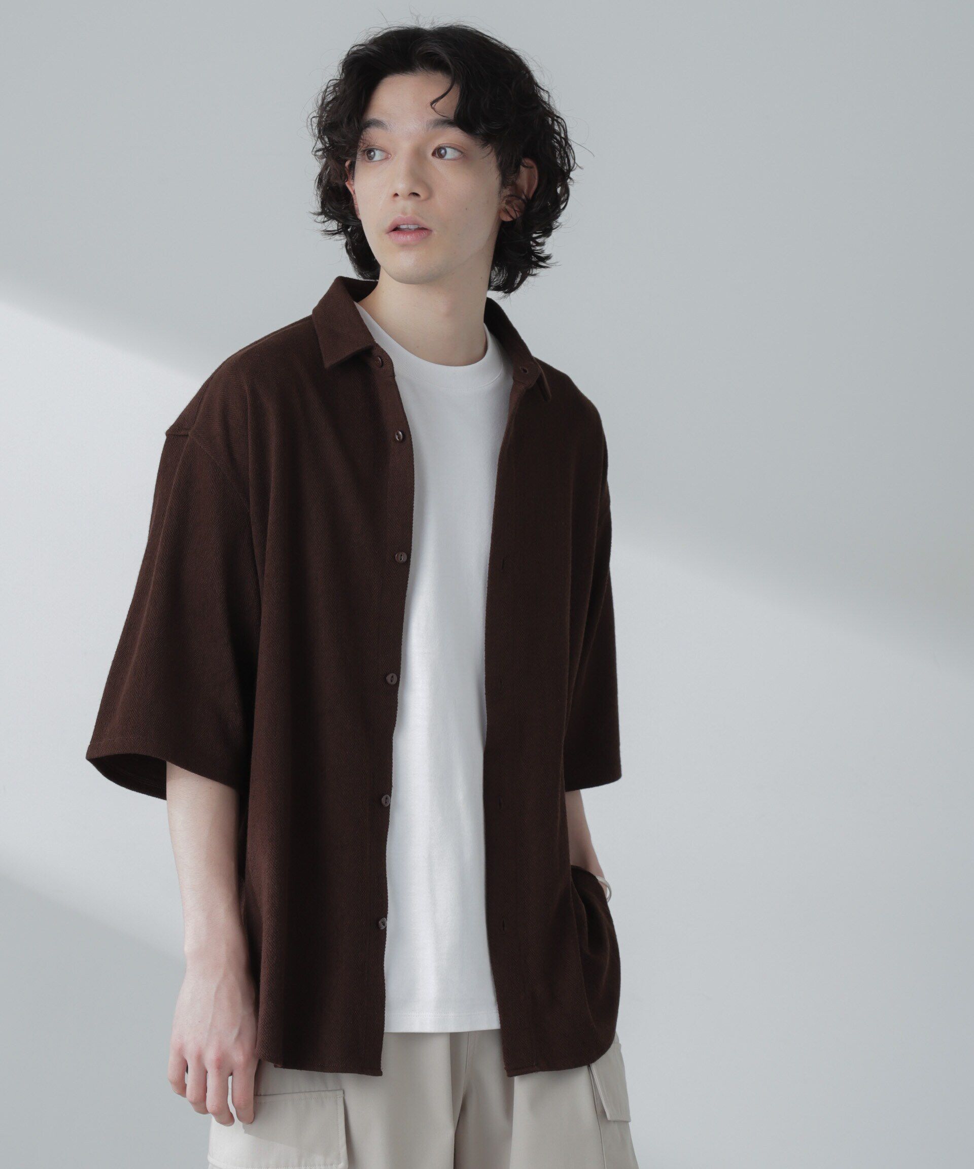 nano･universe「ヘリンボーン起毛シャツ 半袖(セットアップ可)」|シャツ・ブラウス|