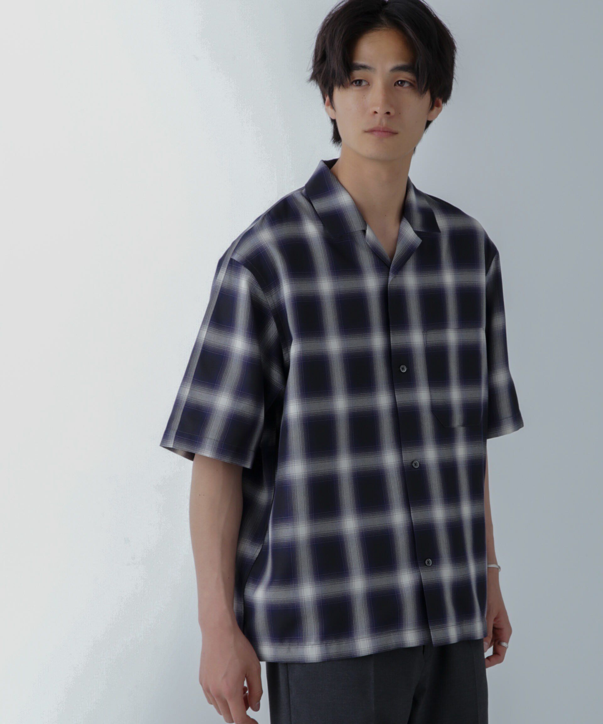 nano･universe「オンブレーチェックハーフスリーブシャツ」|シャツ・ブラウス|ブラック