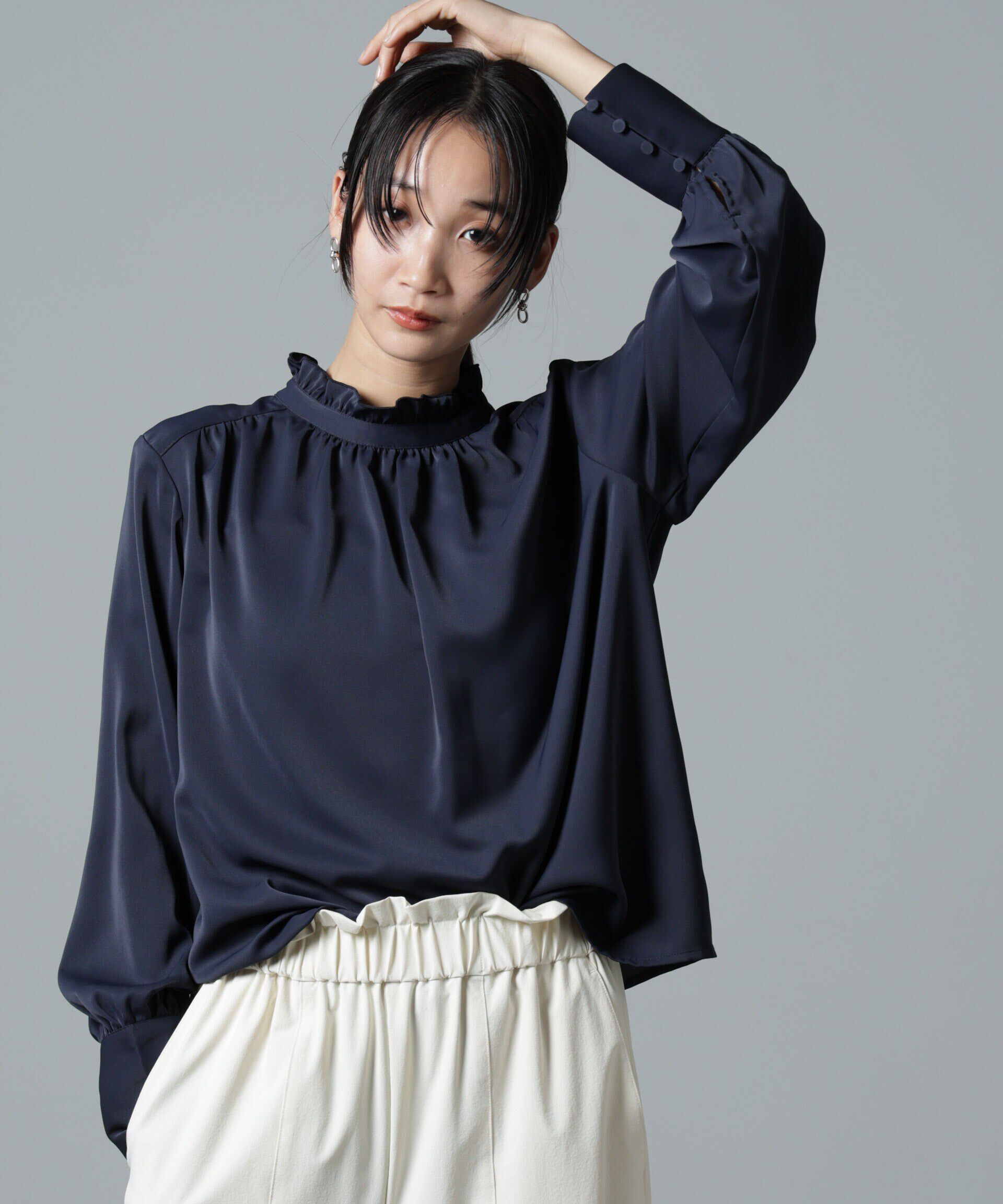nano･universe「2wayスタンドカラーギャザーブラウス」|シャツ・ブラウス|
