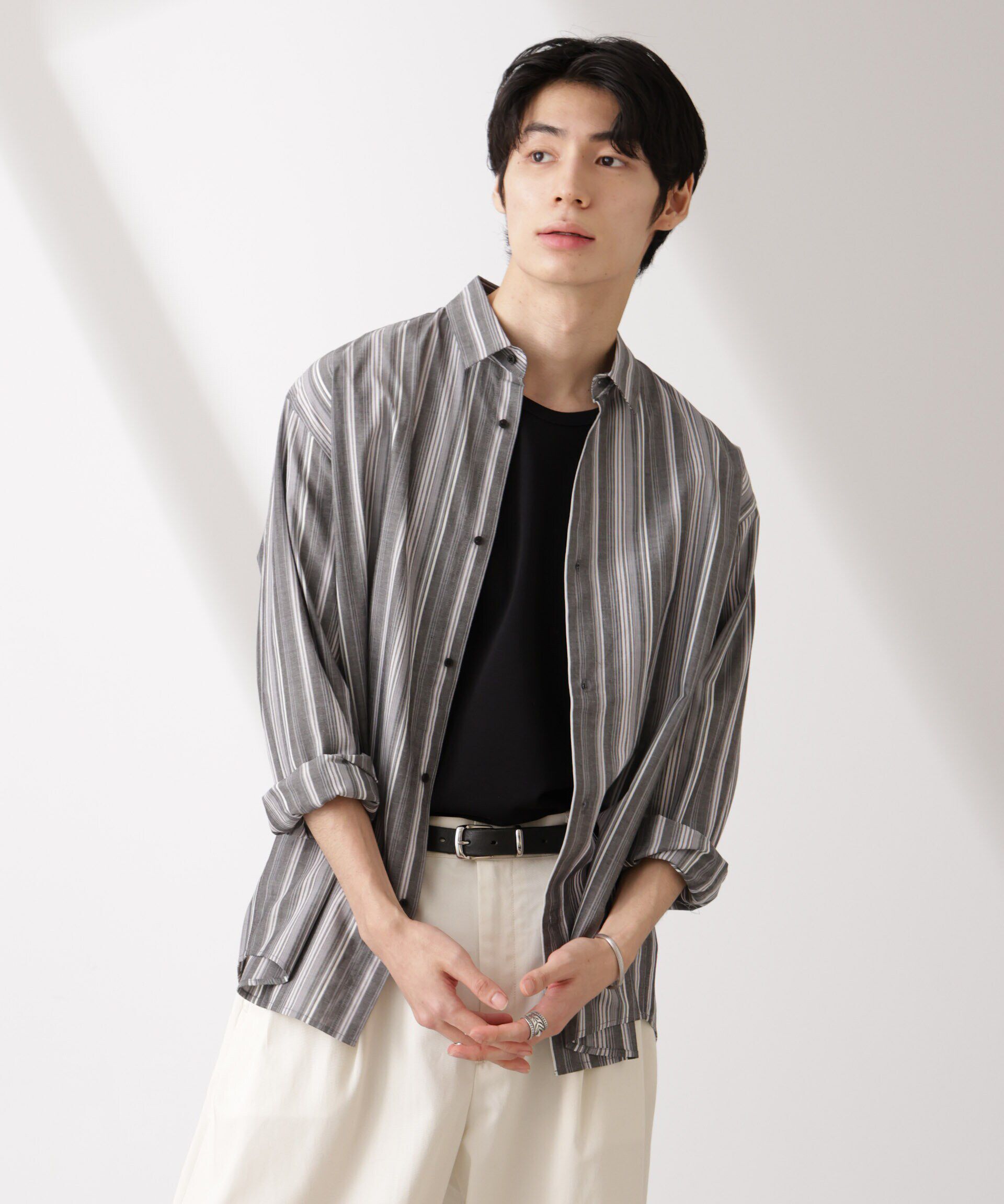 nano･universe「ランダムストライプシャツ 長袖」|シャツ・ブラウス|ブラック