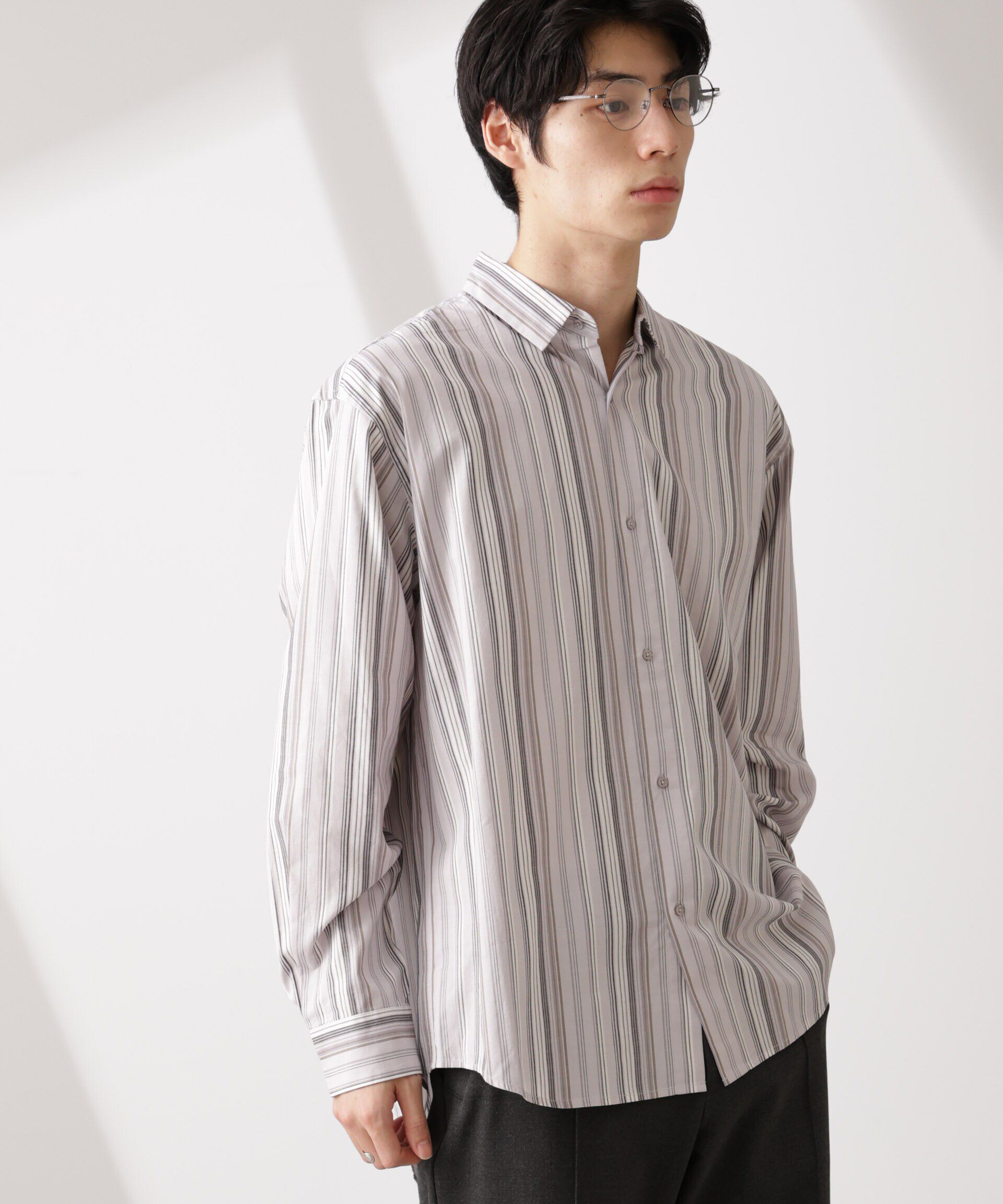 nano･universe「ランダムストライプシャツ 長袖」|シャツ・ブラウス|L.グレー1