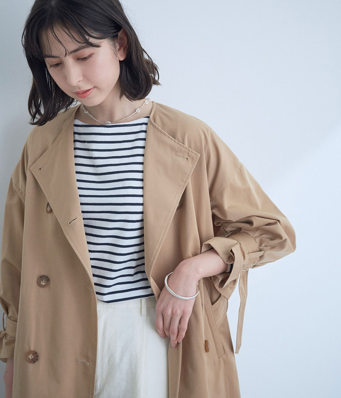 VIS「【撥水】【花粉ガード】ノーカラー袖ボリュームコート」|トレンチコート|