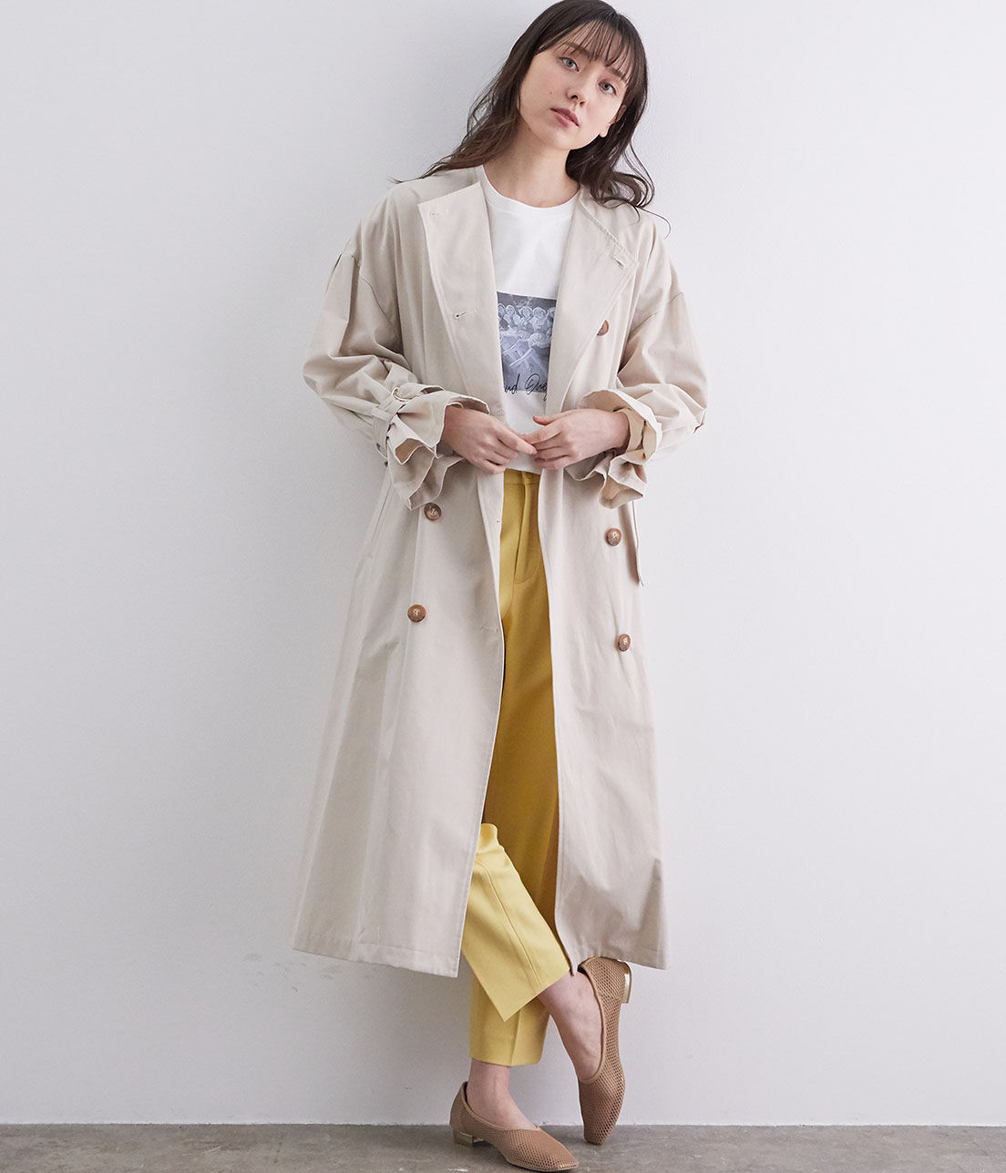 VIS「【撥水】【花粉ガード】ノーカラー袖ボリュームコート」|トレンチコート|