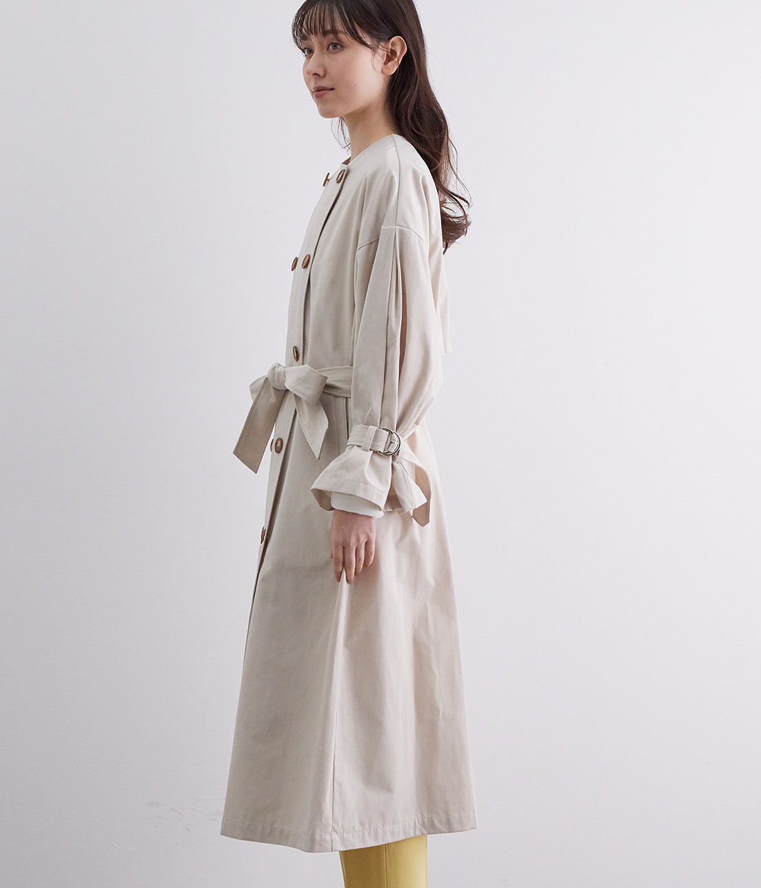 VIS「【撥水】【花粉ガード】ノーカラー袖ボリュームコート」|トレンチコート|