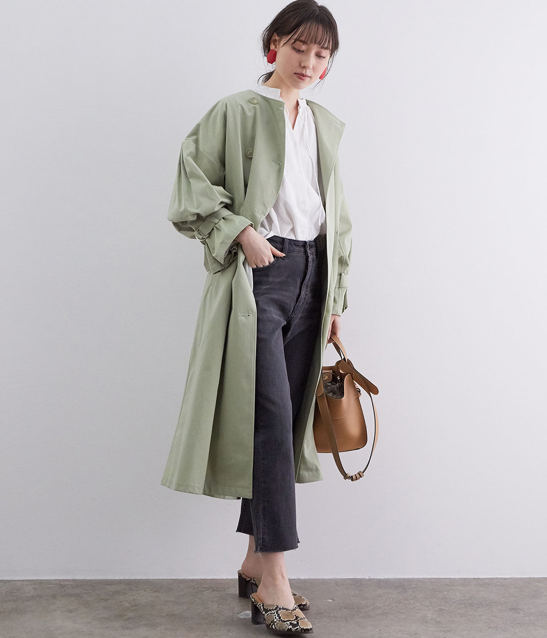 VIS「【撥水】【花粉ガード】ノーカラー袖ボリュームコート」|トレンチコート|