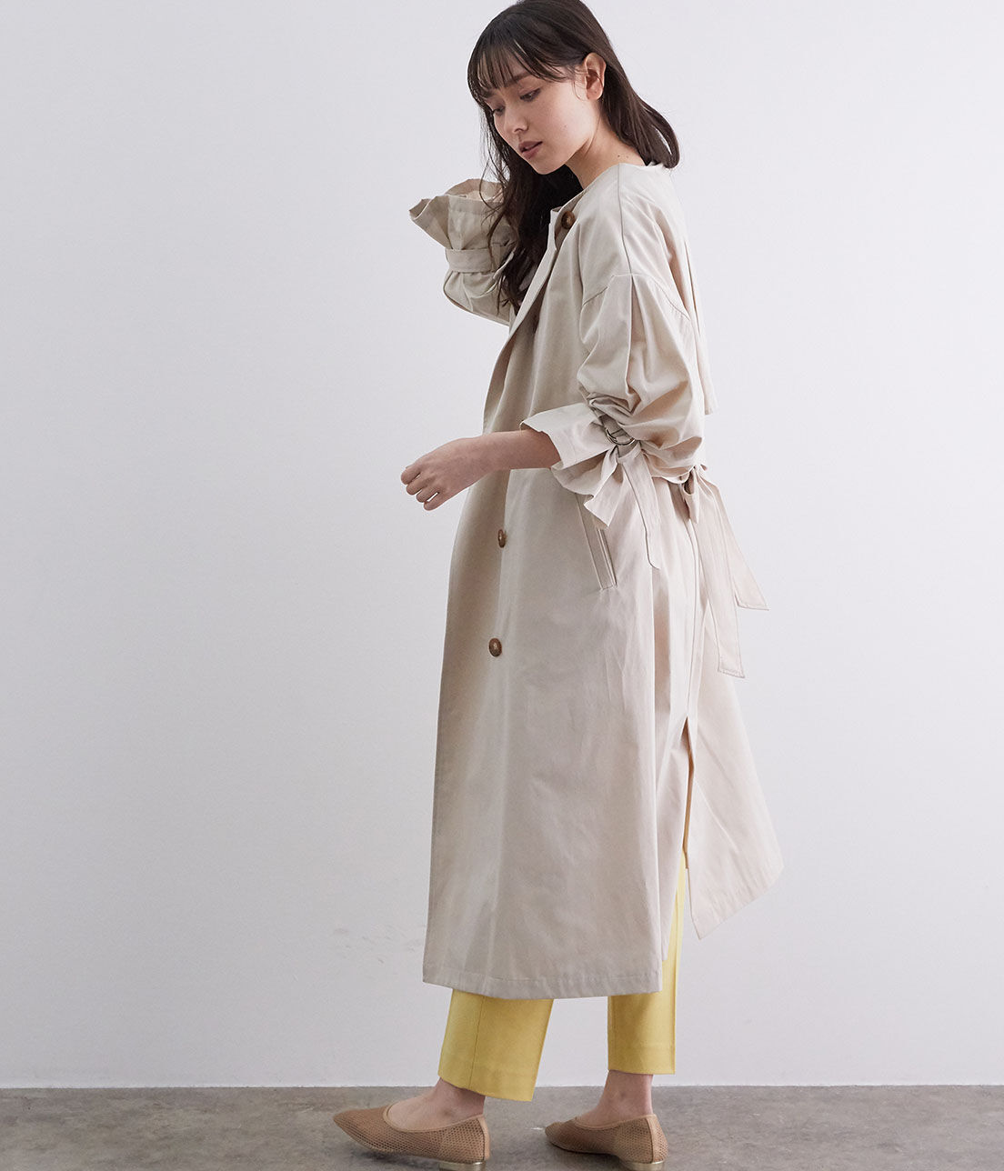 VIS「【撥水】【花粉ガード】ノーカラー袖ボリュームコート」|トレンチコート|