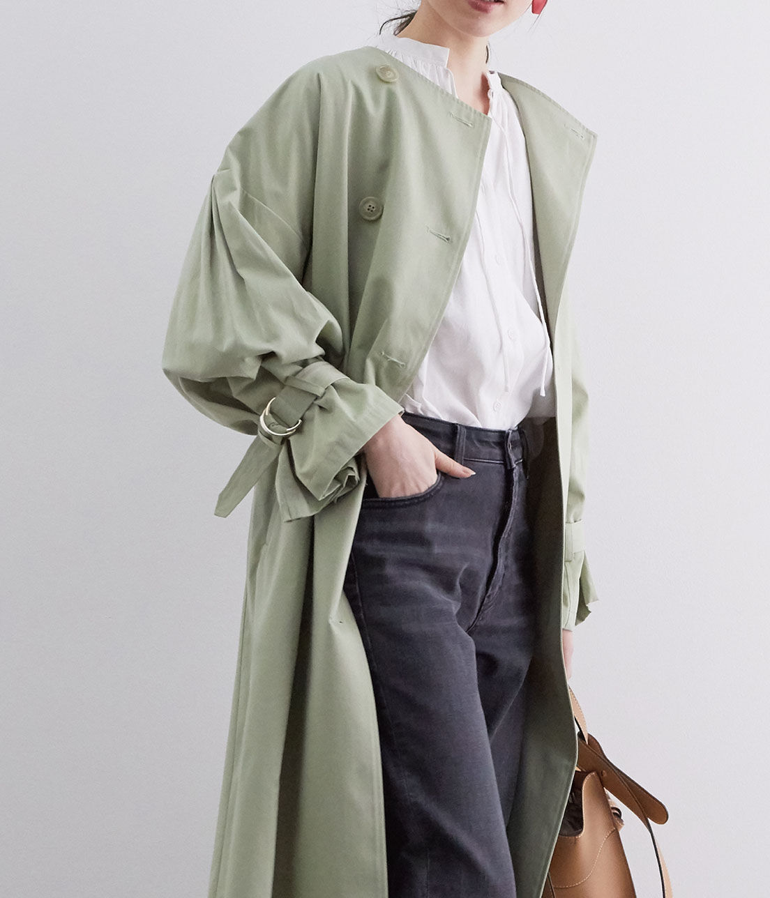 VIS「【撥水】【花粉ガード】ノーカラー袖ボリュームコート」|トレンチコート|