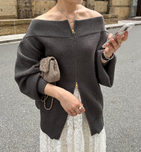  「フロントジップニット」|ニット・セーター|チャコールグレー