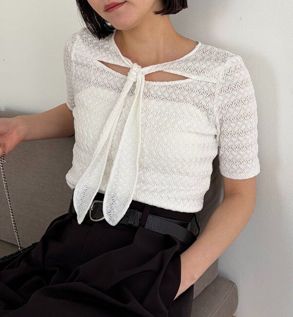  「レースノット5分袖トップス」|Tシャツ・カットソー|ホワイト