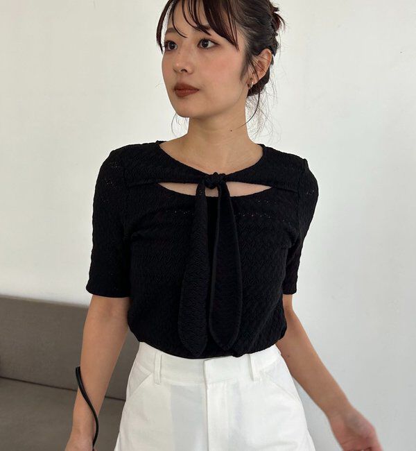  「レースノット5分袖トップス」|Tシャツ・カットソー|