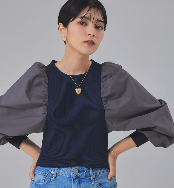 Rouge vif「ファブリックスリーブプルオーバー」|ニット・セーター|ネイビー