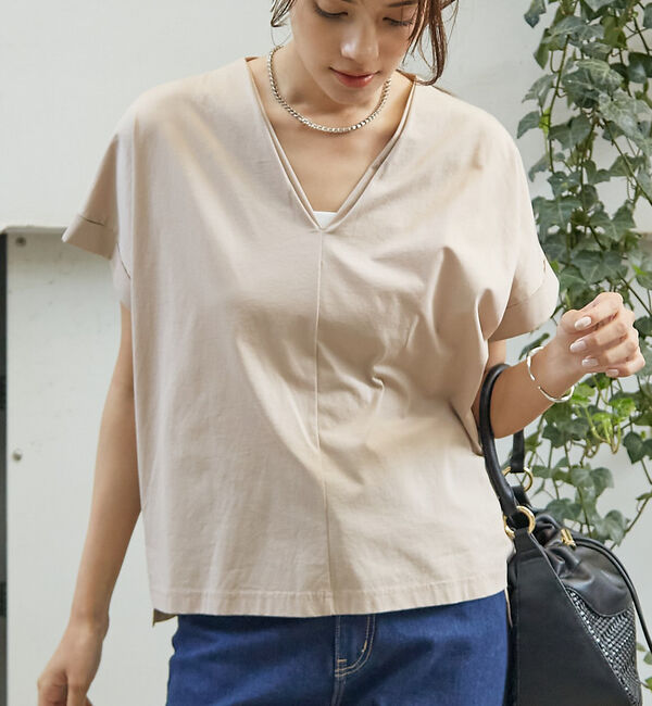 abahouse mavie「シルケットダブルVネックフレンチプルオーバー」|Tシャツ・カットソー|グレージュ