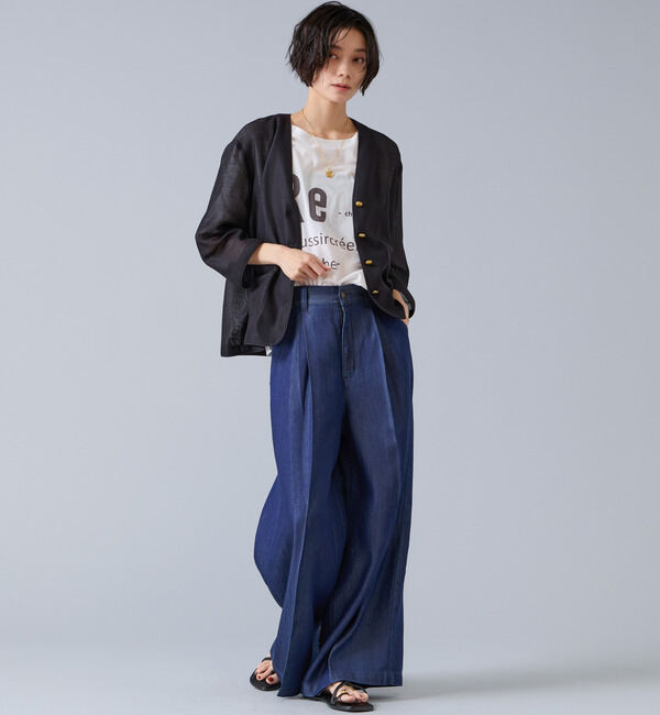 Liesse「麻調バイカラーメッシュジャケット」|ノーカラージャケット|