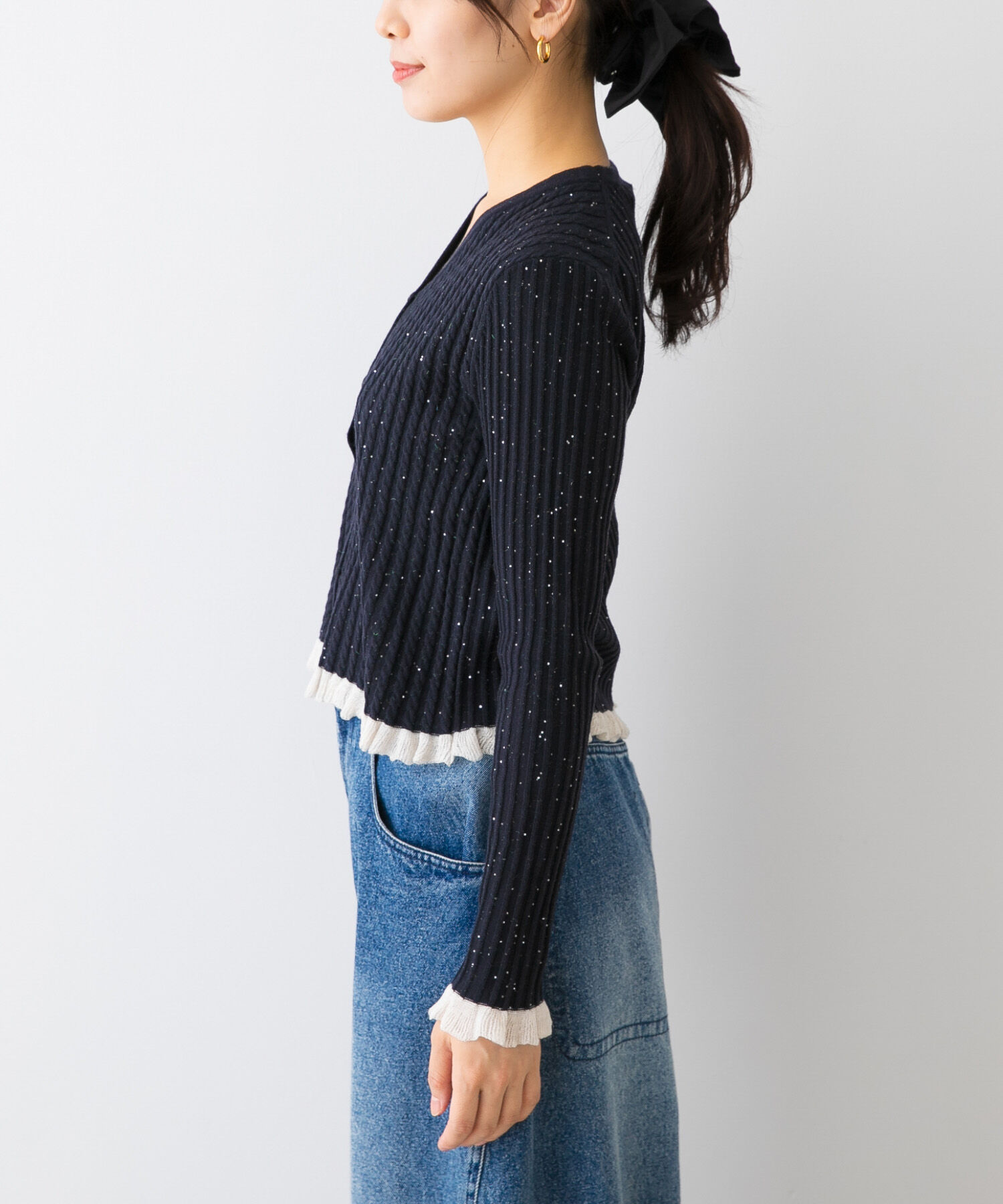URBAN RESEARCH ROSSO「F by ROSSO　スパンコールフリルリブカーディガン」|カーディガン|