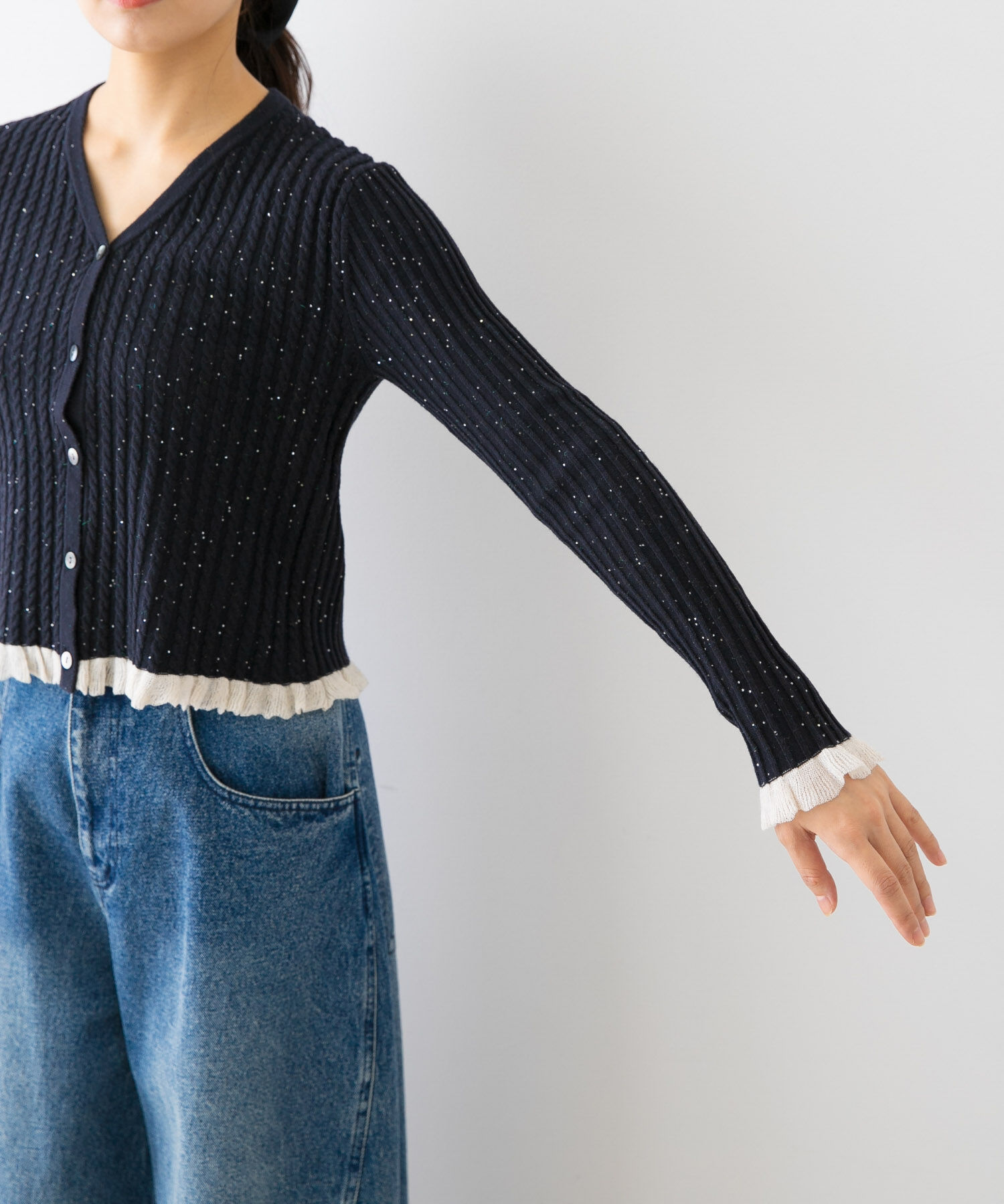 URBAN RESEARCH ROSSO「F by ROSSO　スパンコールフリルリブカーディガン」|カーディガン|