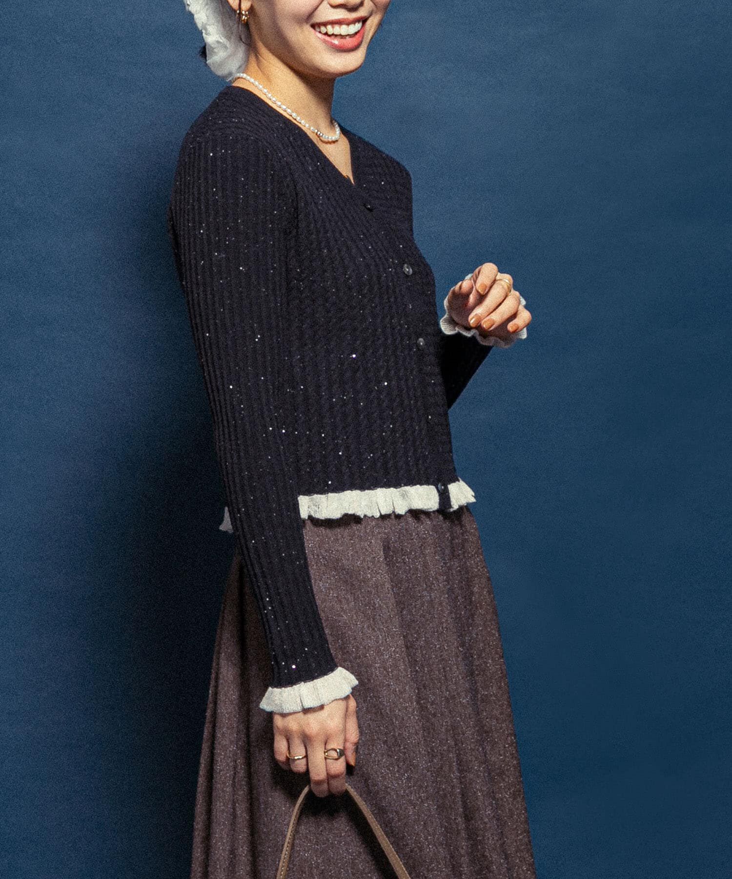 URBAN RESEARCH ROSSO「F by ROSSO　スパンコールフリルリブカーディガン」|カーディガン|