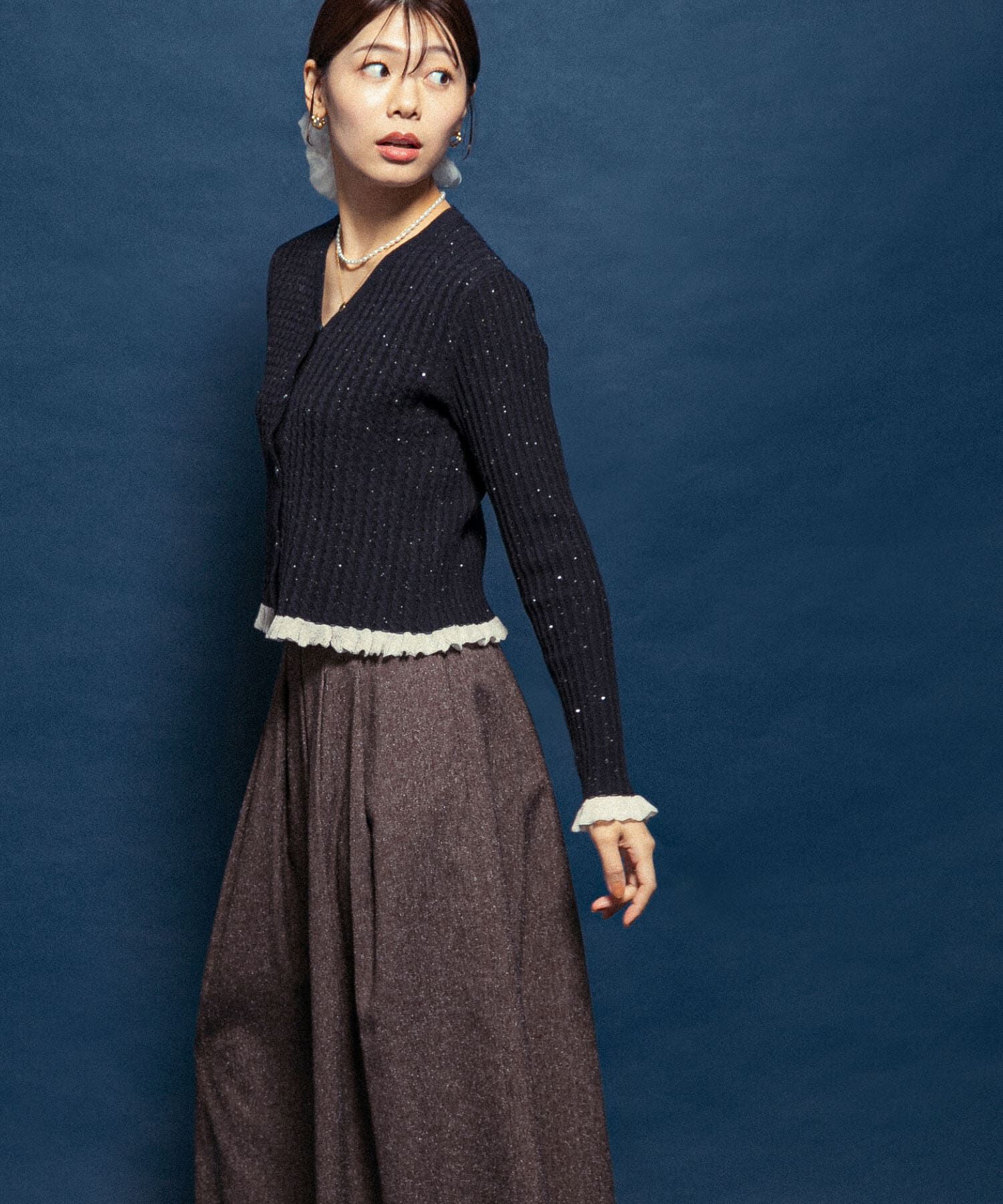 URBAN RESEARCH ROSSO「F by ROSSO　スパンコールフリルリブカーディガン」|カーディガン|