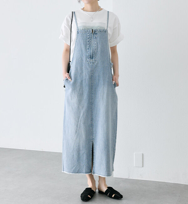  「綿麻デニムジャンパースカート」|ワンピース|サックスブルー