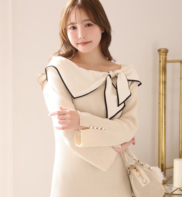  「異素材リボンニットロングワンピース」|ワンピース|