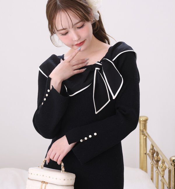  「異素材リボンニットロングワンピース」|ワンピース|