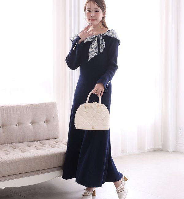  「異素材リボンニットロングワンピース」|ワンピース|