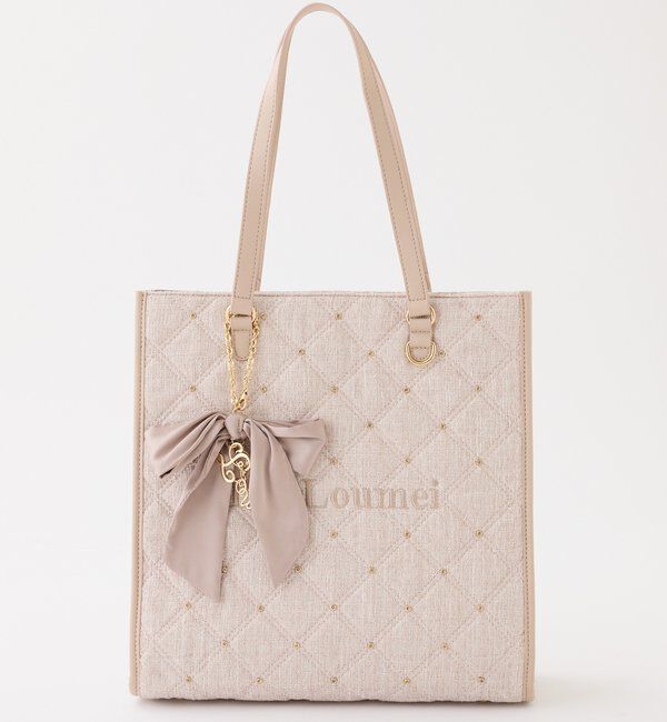  「【LouLoumei】キルティングビジューリボンチャームキャリーオントート」|ショルダー・メッセンジャー|ピンク