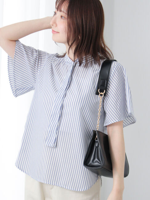 Te chichi TERRASSE「【ｲｰｼﾞｰｹｱ/接触冷感】無地/柄アソートパール釦ボウタイブラウス」|シャツ・ブラウス|ネイビー