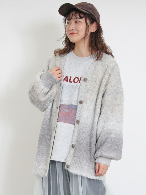 Samansa Mos2「グラデーションブークレミドル丈Vネックカーディガン」|カーディガン|