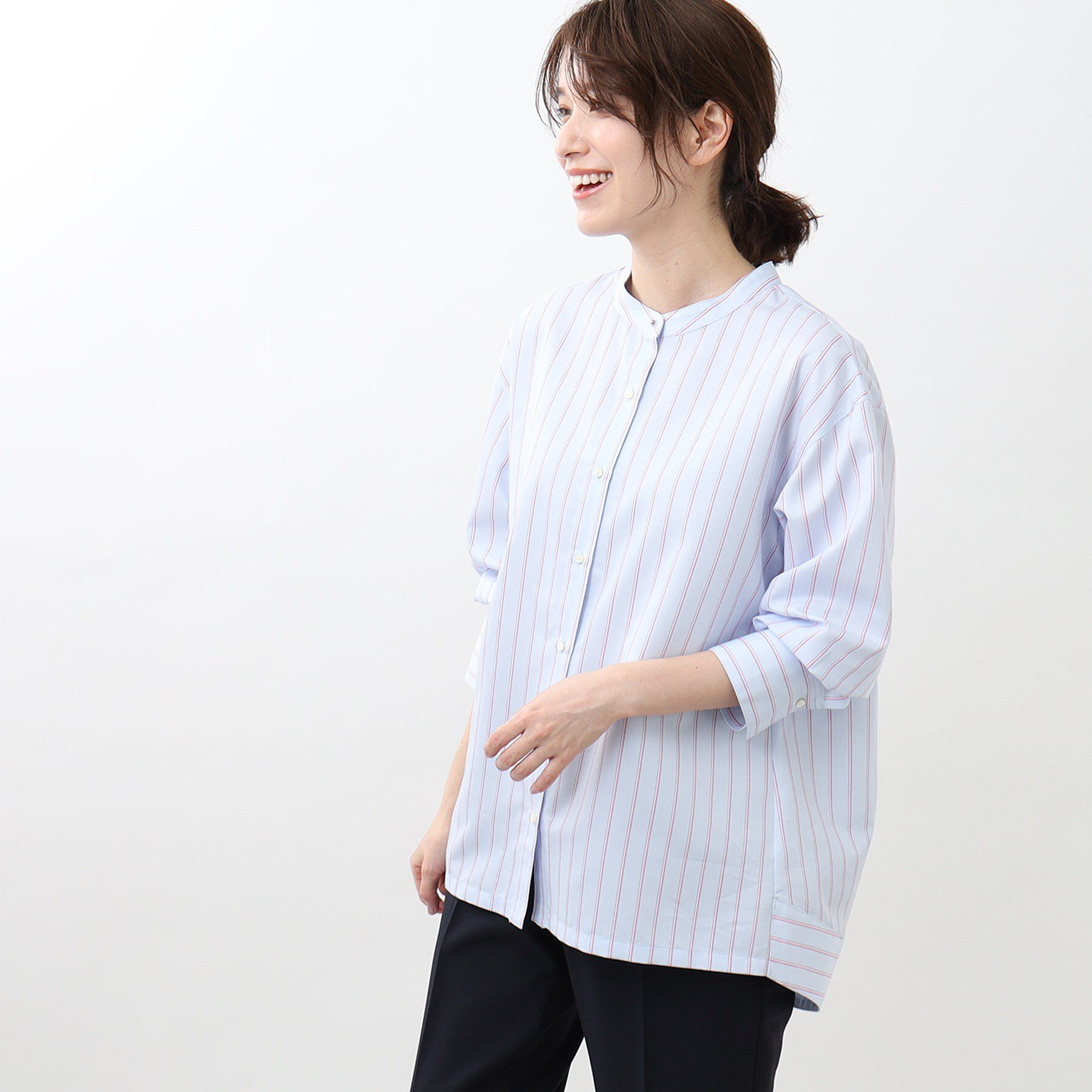 Reflect「【夏SALE／接触冷感／洗える】ストライプコクーンシルエットシャツ」|シャツ・ブラウス|サックスブルー(39